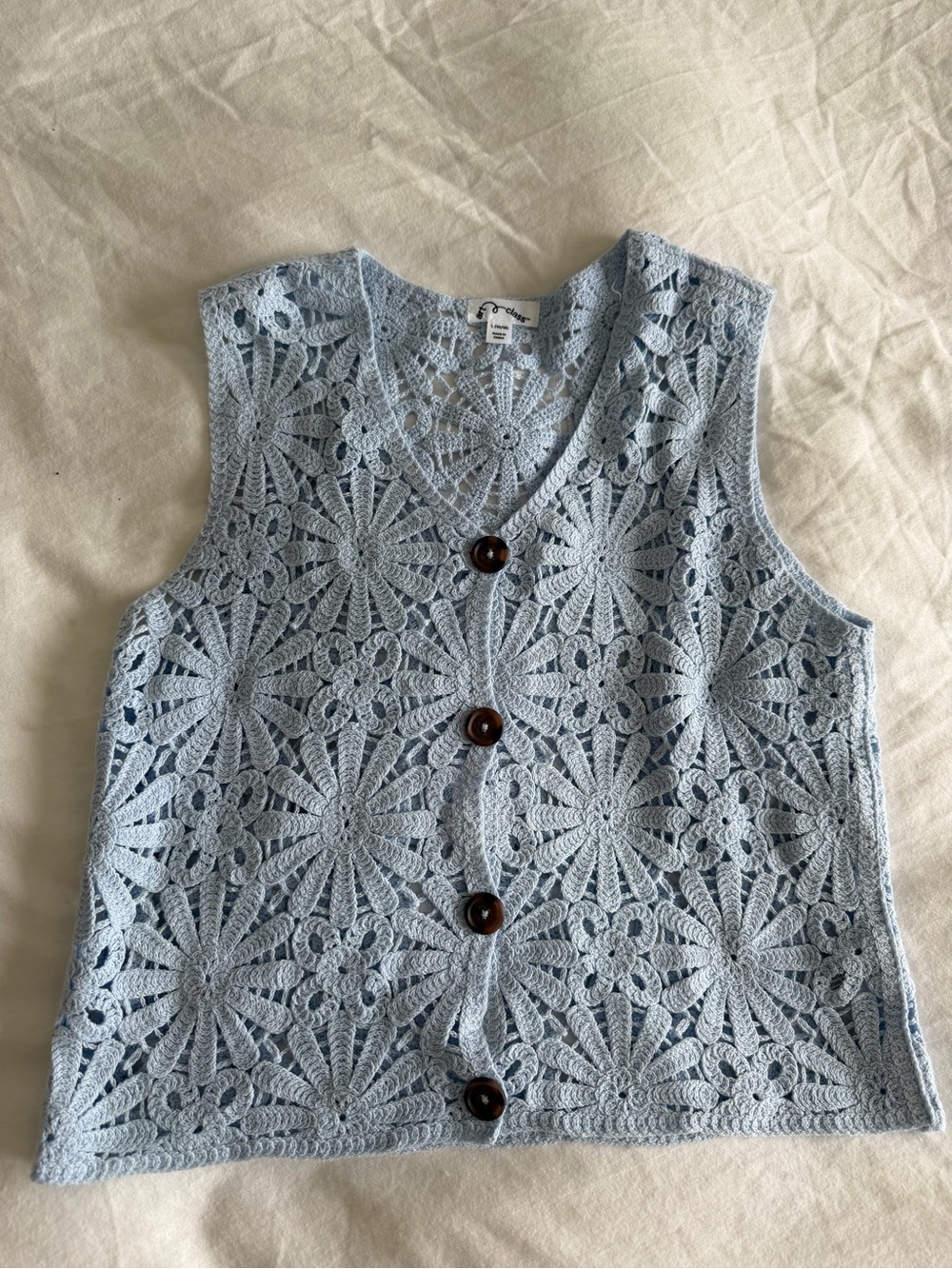 Girls Light Blue Crochet Button Front Vest